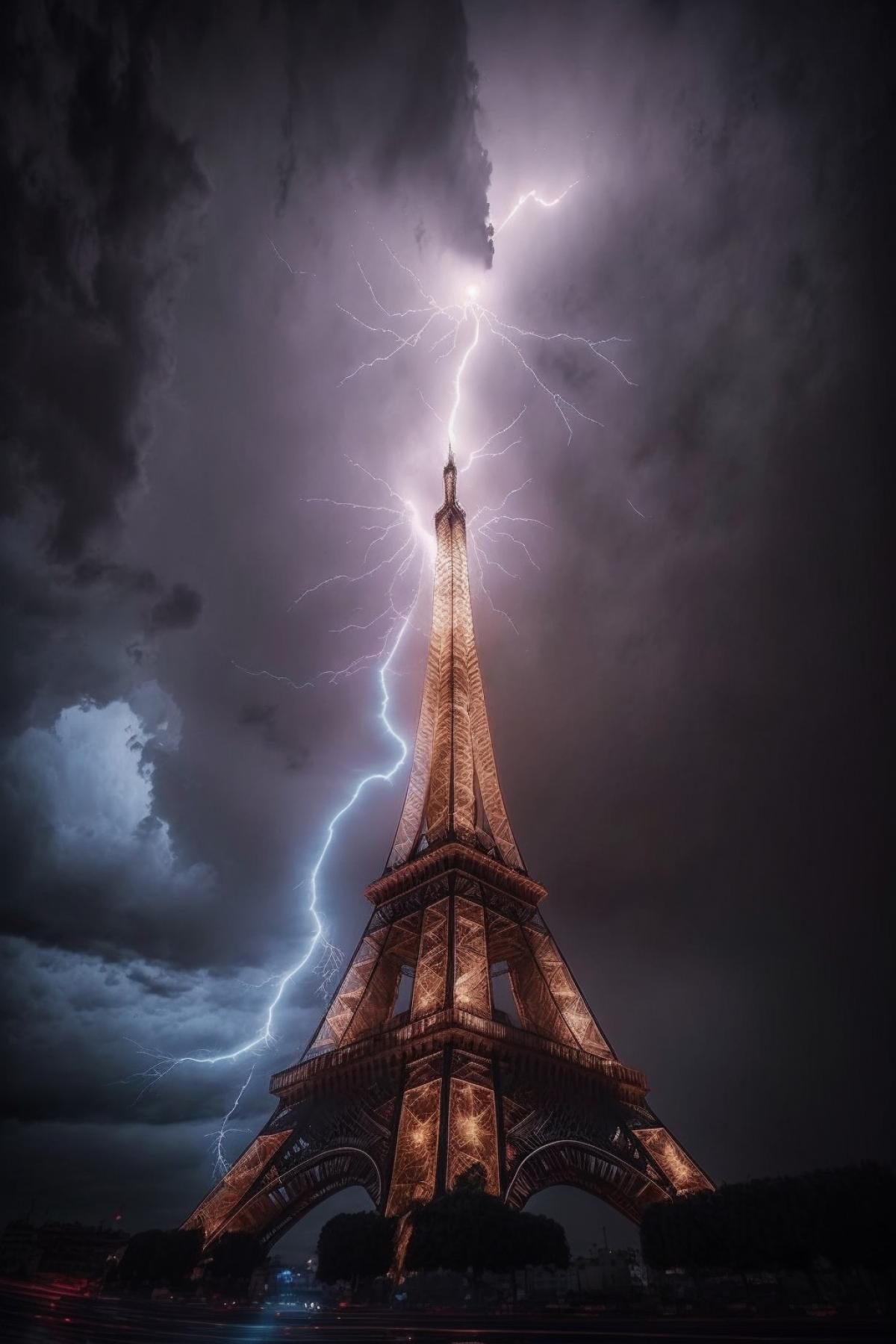 lightning from the sky strikes the Eiffel Tower, dark clouds in the sky, professional photography, night photography, short exposure