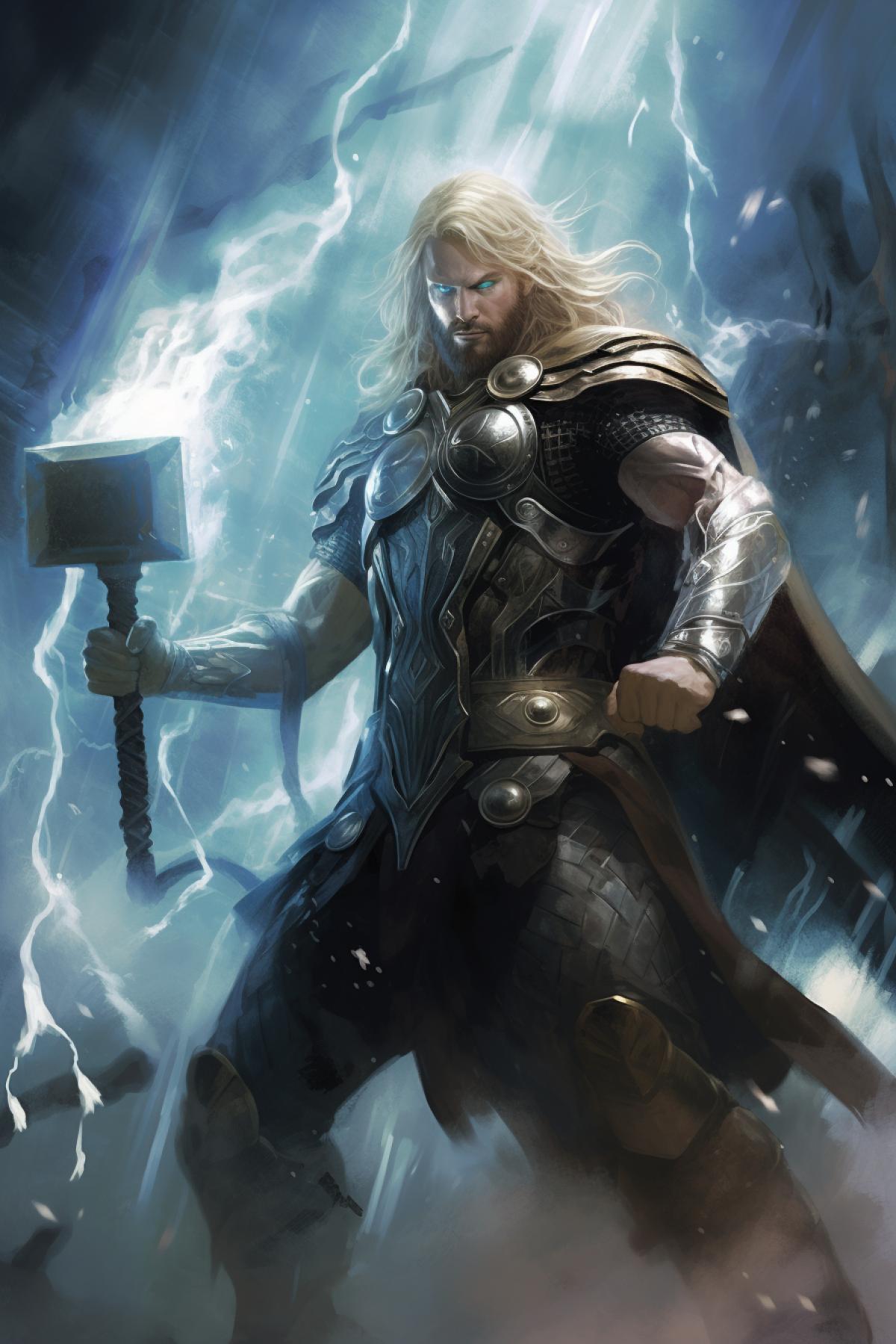 Beautiful art of Thor in the Scandinavian Style, holding a hammer with lightning, high quality, good detail, dark fantasy