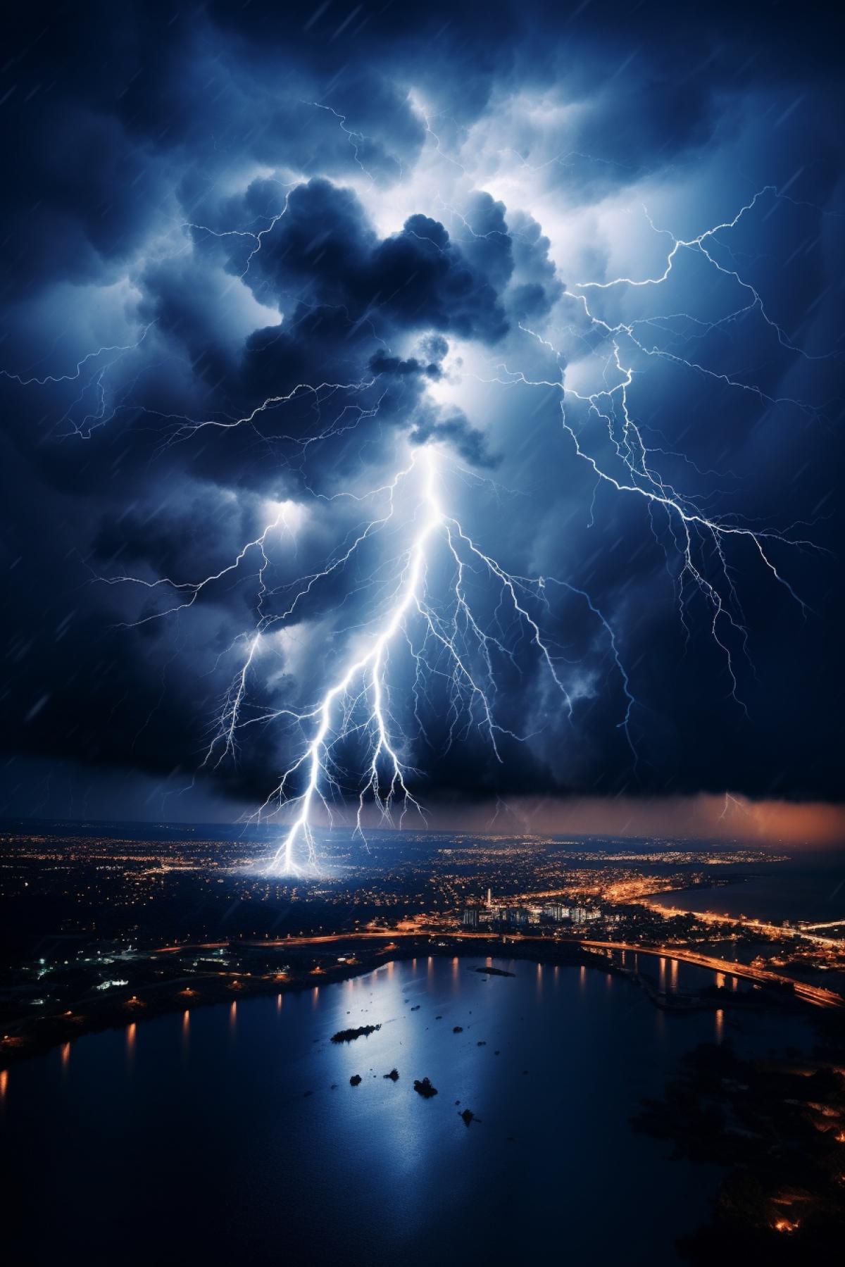 thunderstorm, lightning in the night sky, stunningly beautiful, photo of raging elements, hyperrealism, hyperdetalized, 32k, photo on long exposure