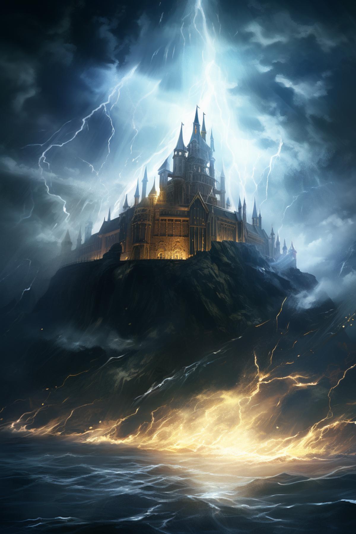 ultra hd, Gothic Hogwarts castle on an island in a raging sea, lightning in the background,peter mohrbacher, noah bradley, charles vess, raymond swanland, epic, golden ratio, contrast
