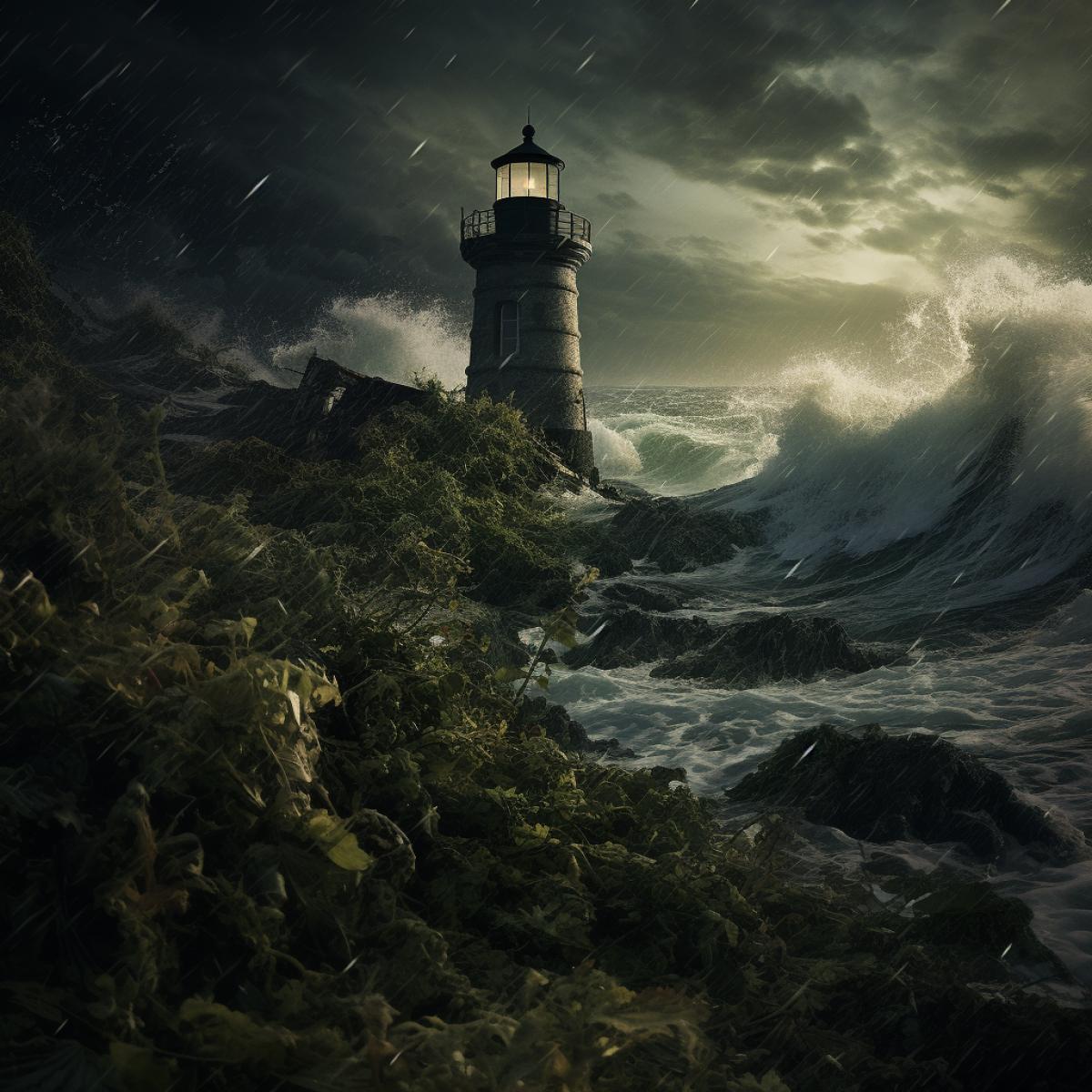 old lighthouse overgrown with ivy, strong hurricane, storm, lightning, thunderstorm, strong sea waves, dark night, dark color