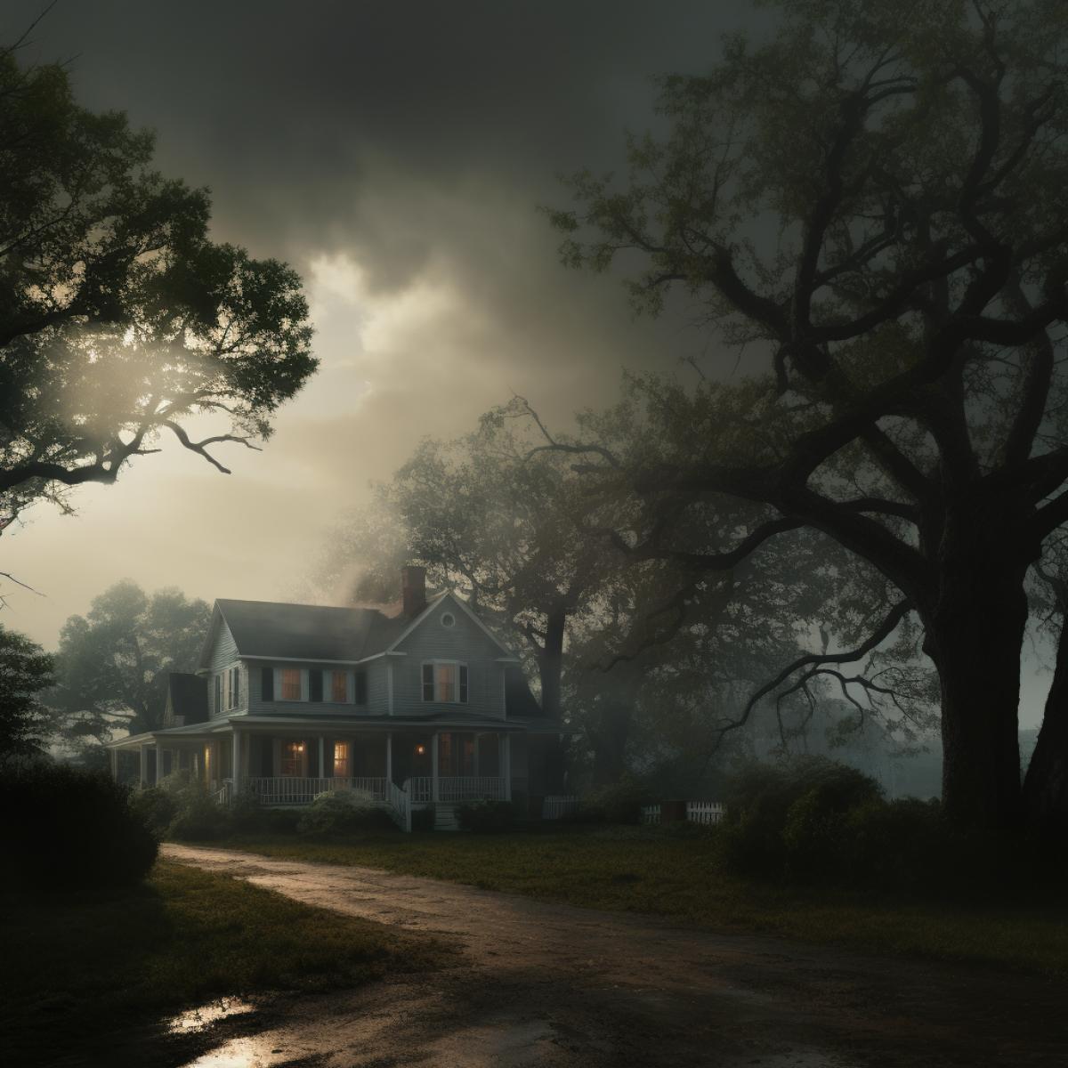 thunderstorm over farmhouse bleak rainy day lonely and quiet photorealistic lots of trees closeup shot of the house ultrarealistic movie still Image