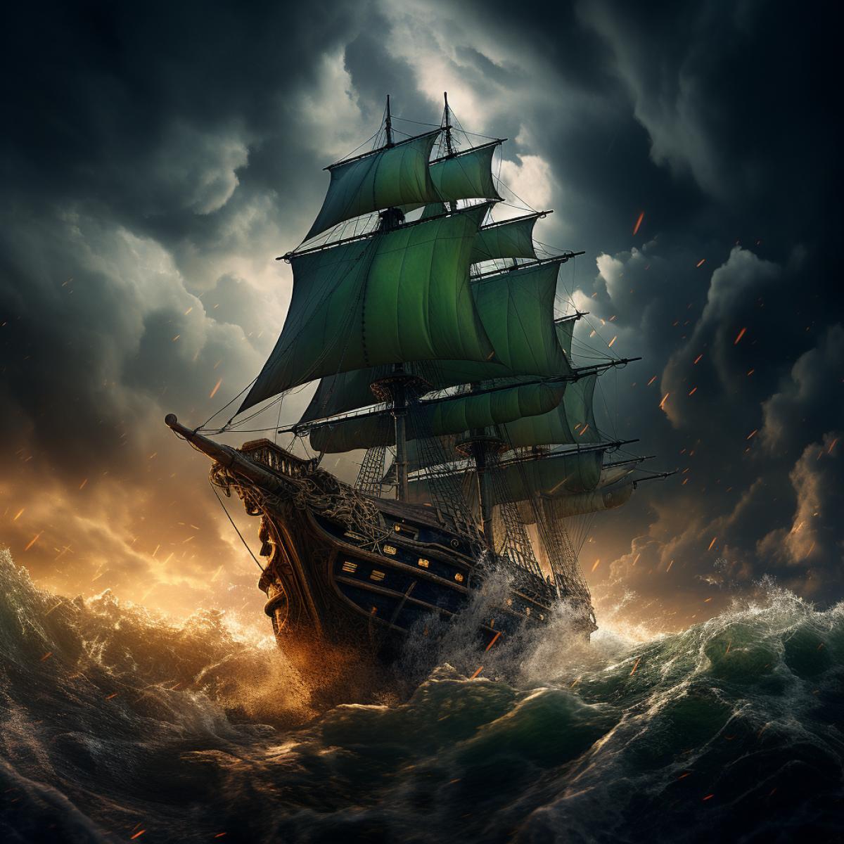 ship in violent storm, max rive, epic, hyperrealistic, fantasy, very detailed, dynamic lighting, uhd, octane render, 8k,