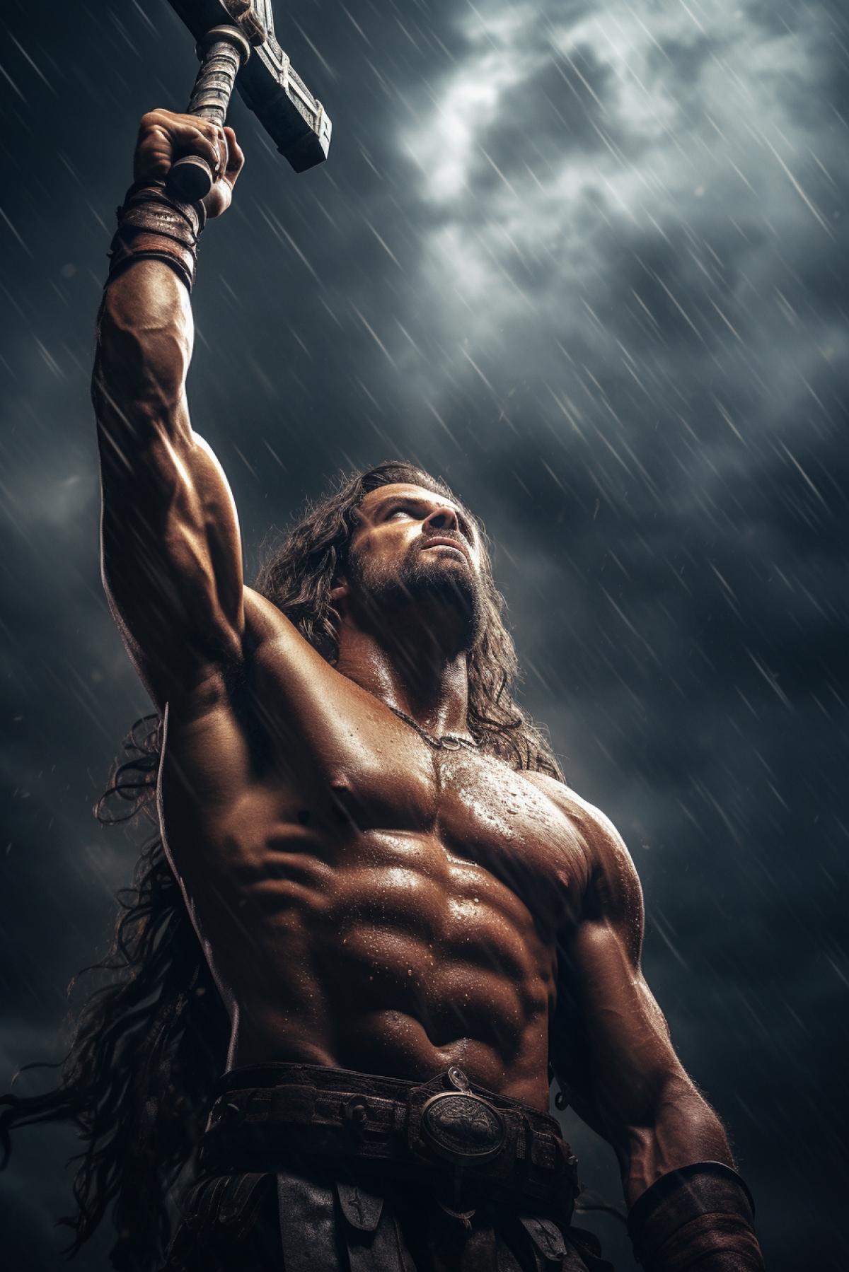 a muscular wild barbarian raising a sword into the sky, rain, clouds, fire, lightning, storm, ultra detailed, ultra realistic, Shot on 70mm, Telephoto, Depth of Field