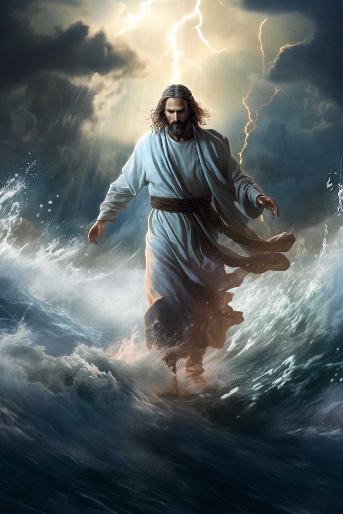 an image of Jesus walking on waters of a sea terribly agitated by a storm and waves, lightning flashes