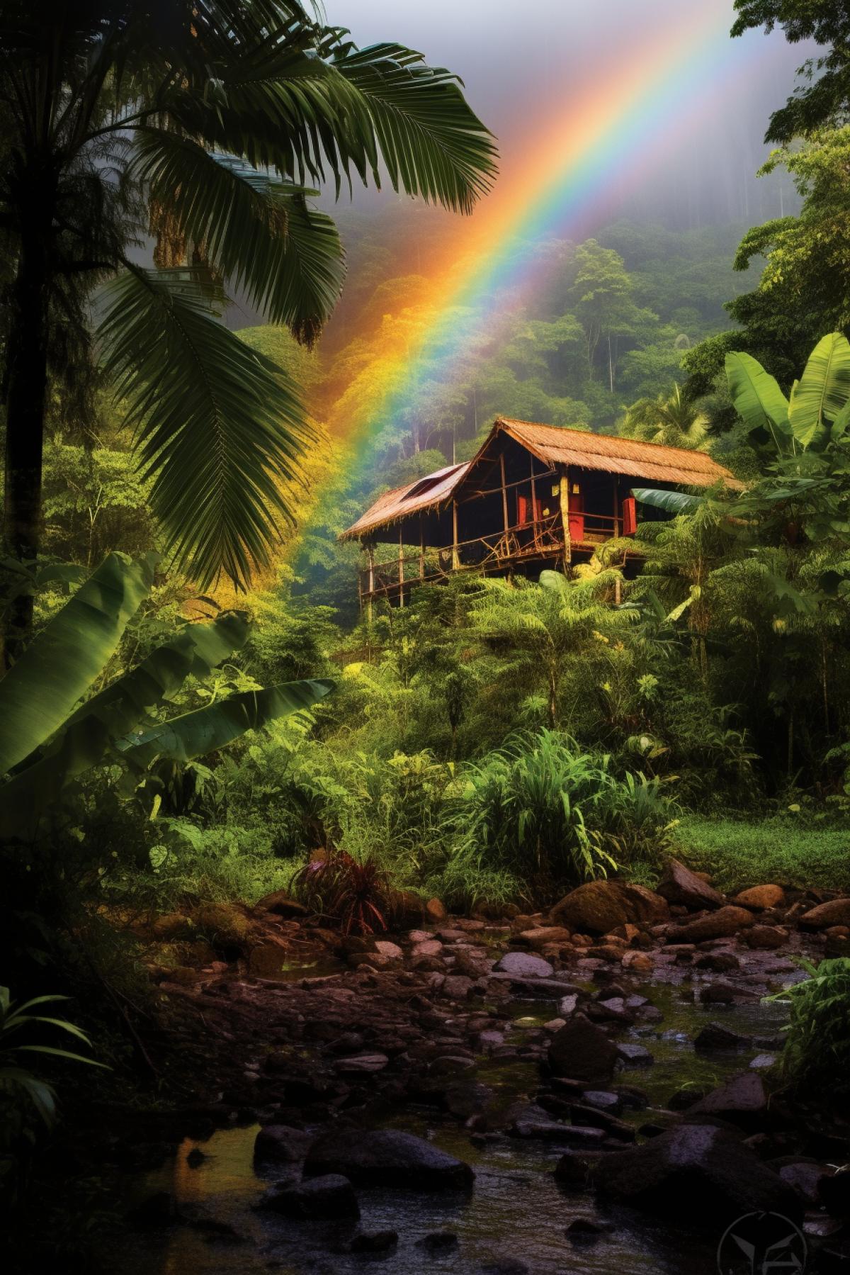 huge tropical storm, rainbow light, little house in a jungle, dwarfed by the storm