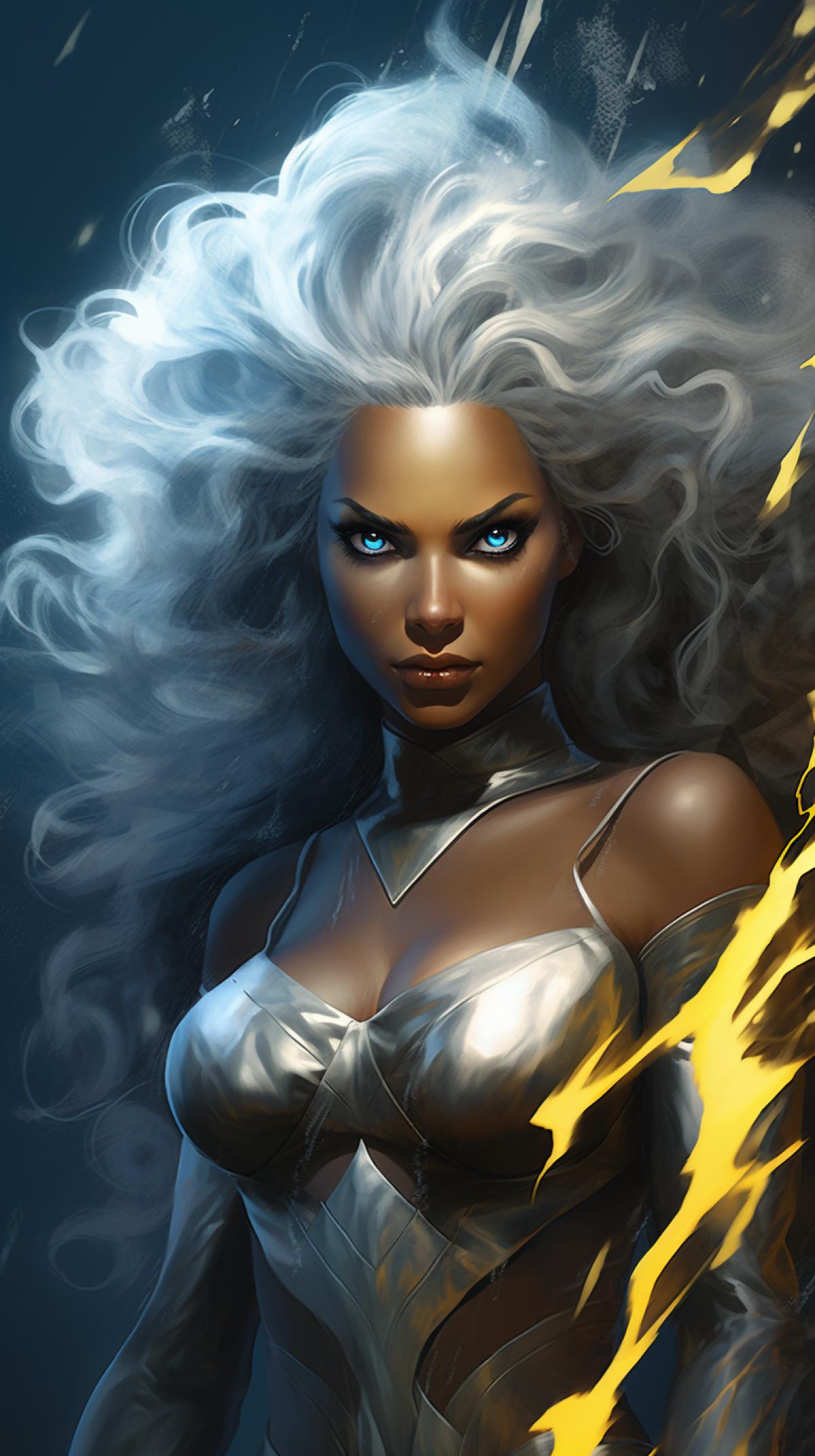 Storm from X-men styled by Boris Vallejo. Phone wallpaper.