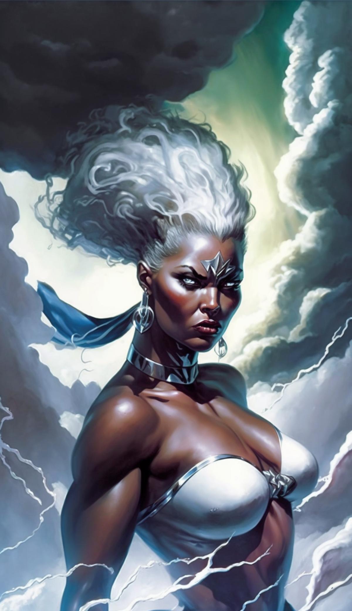 Storm from X-men styled by Boris Vallejo. Phone wallpaper.