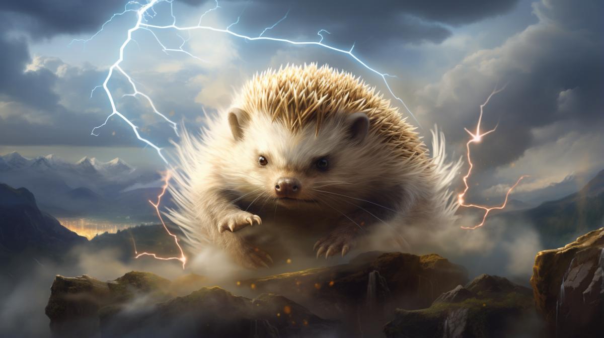 Plump thunder hedgehog, lightning everywhere, sparkling thorns, clouds, mountains