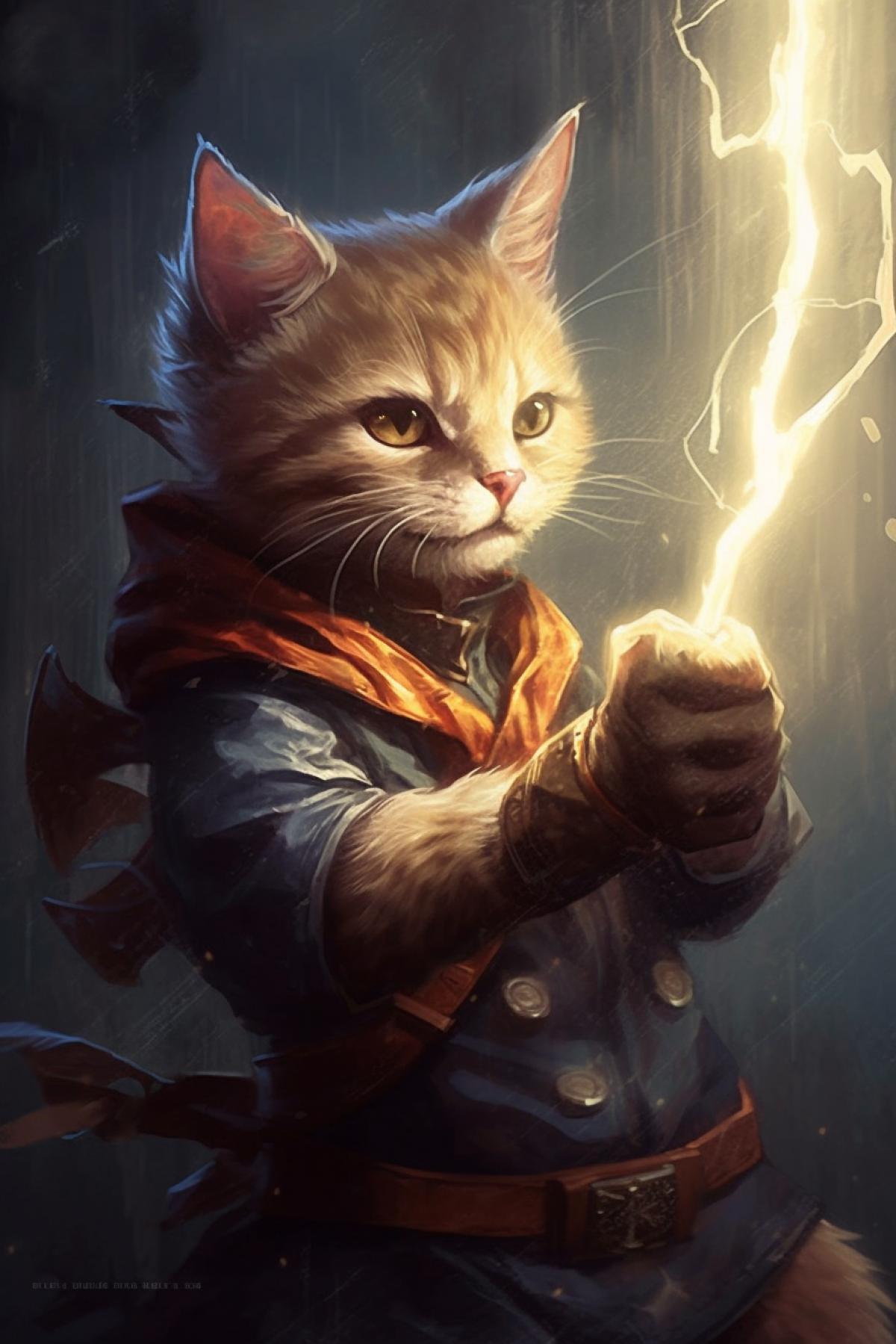 The thunder cat holds a giant lightning bolt in his hands, throws lightning bolts in different directions