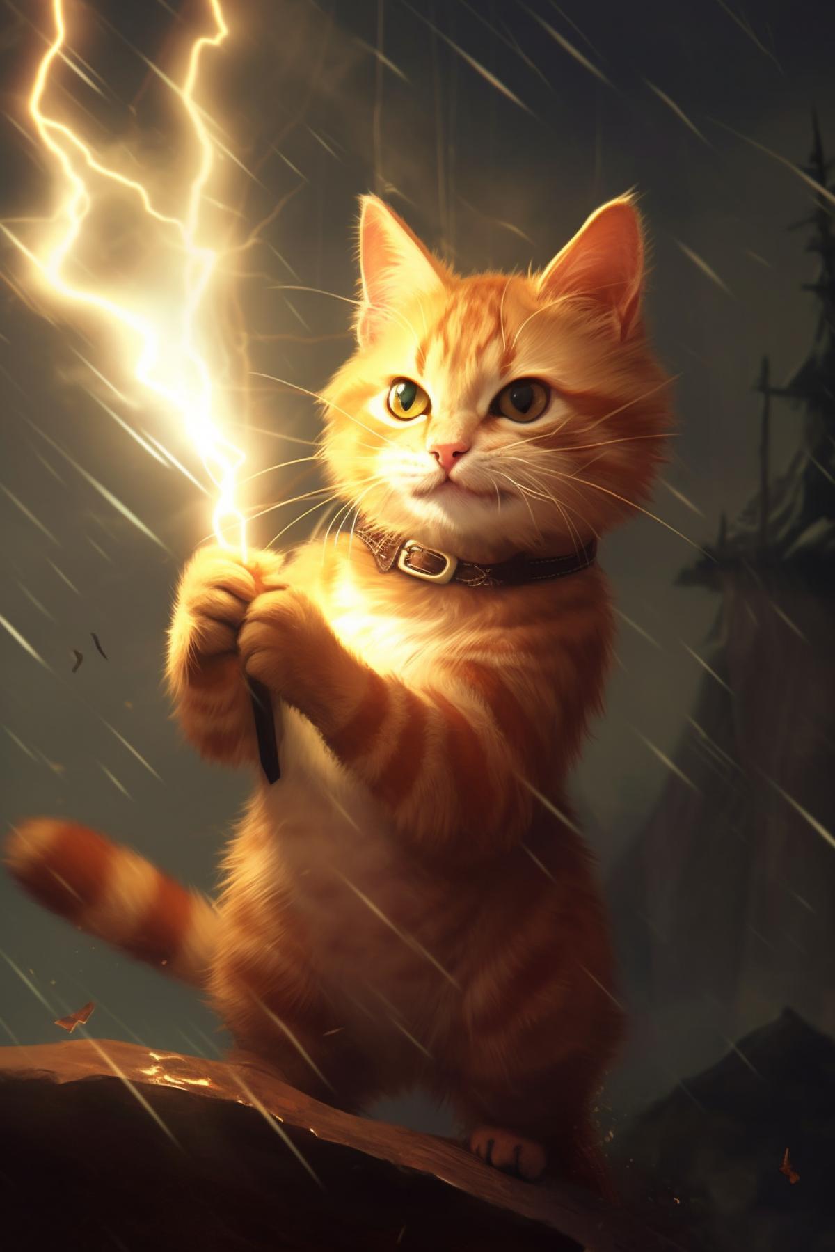 The thunder cat holds a giant lightning bolt in his hands, throws lightning bolts in different directions