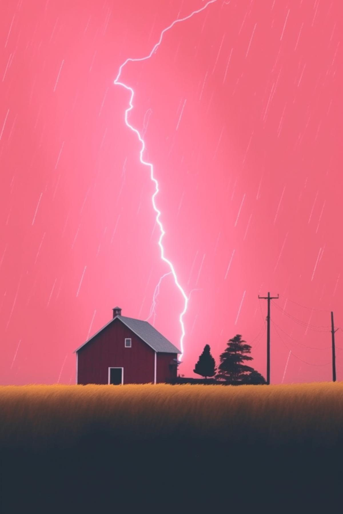 a man standing in a field in front of a red barn, a digital painting, by Leland Bell, pexels contest winner, naive art, she is attracting lightnings, pink lightning, film still from an cartoon, background image