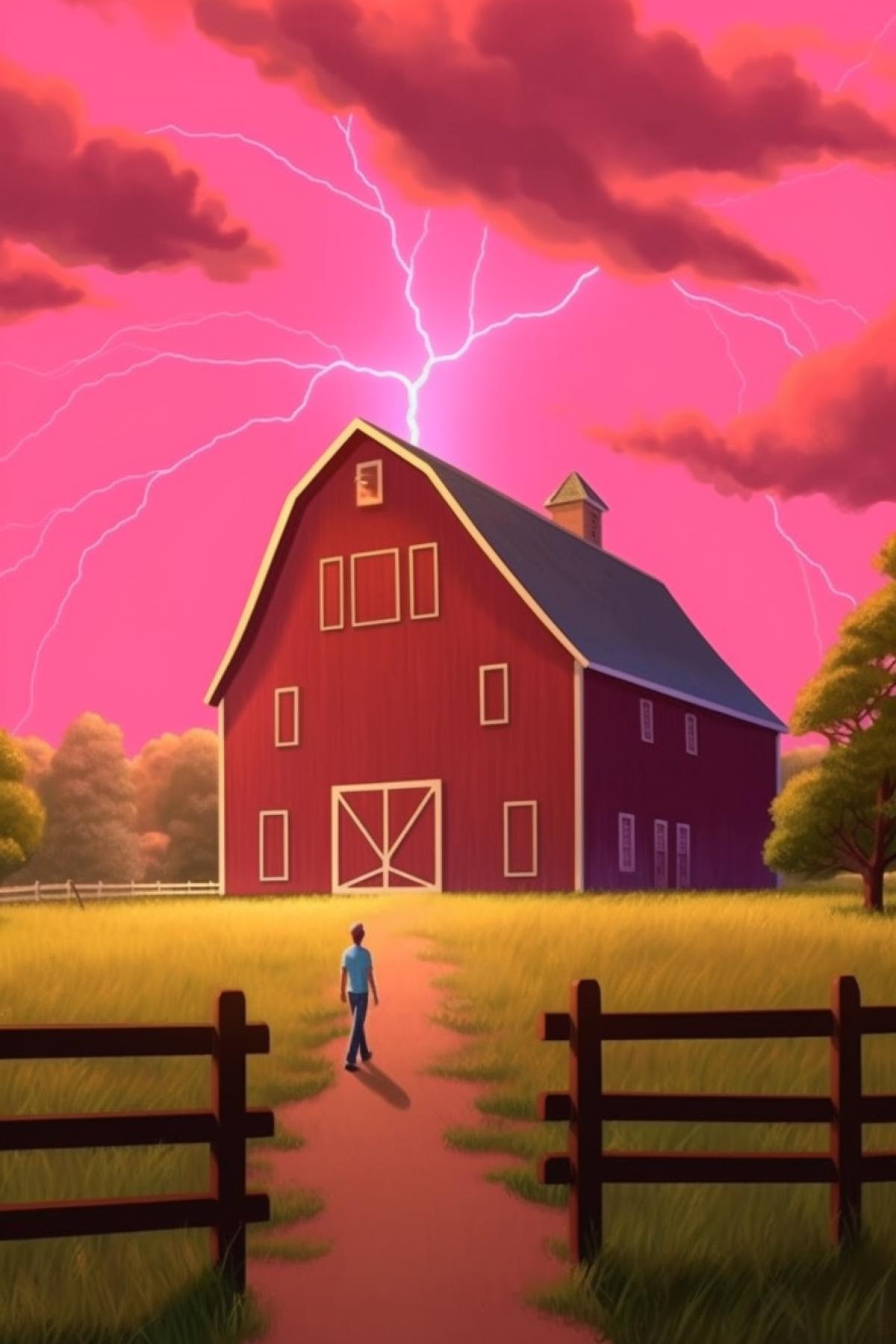 a man standing in a field in front of a red barn, a digital painting, by Leland Bell, pexels contest winner, naive art, she is attracting lightnings, pink lightning, film still from an cartoon, background image