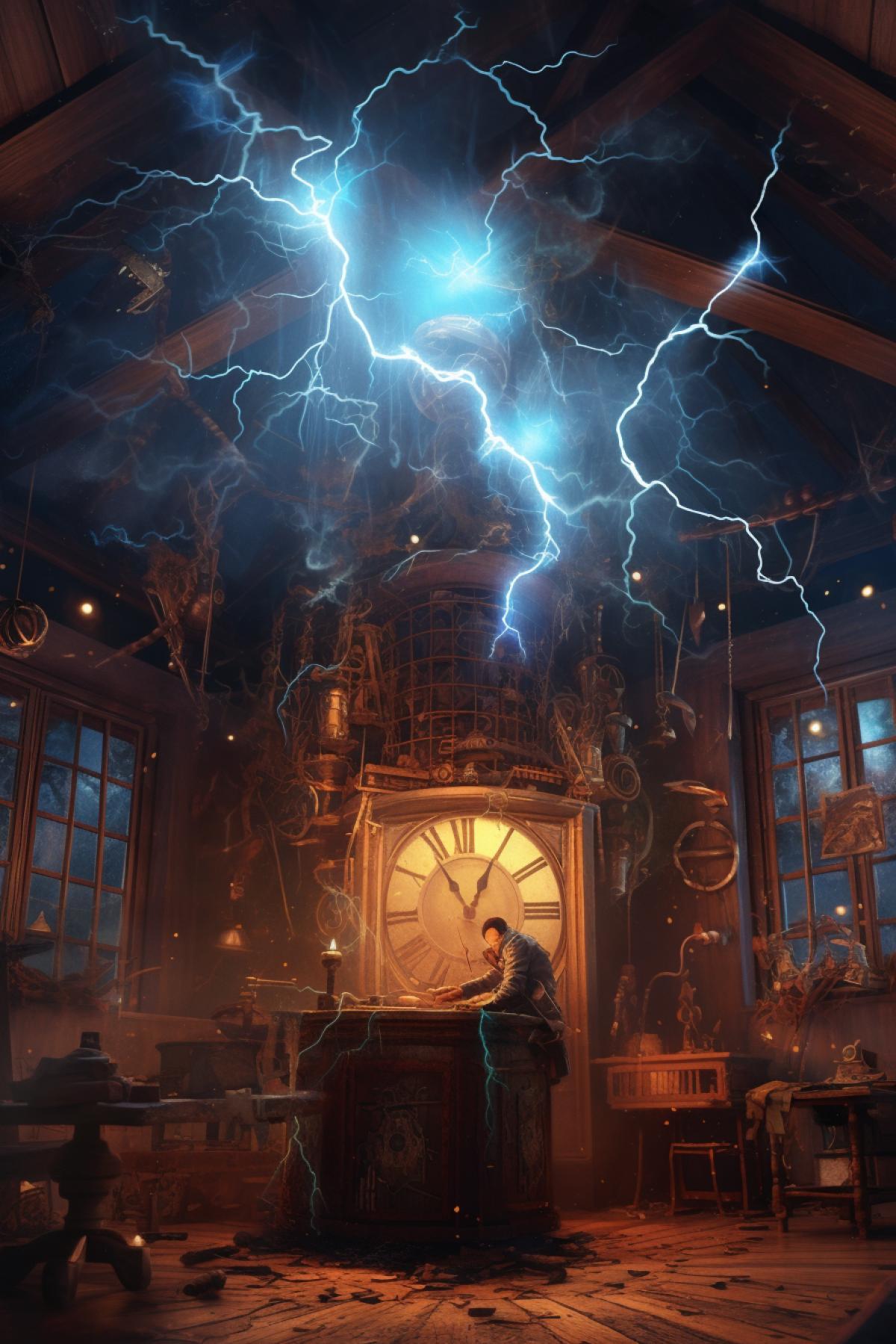 Thunderstorm in a magic laboratory steampunk medieval huge fat lightning surrealism