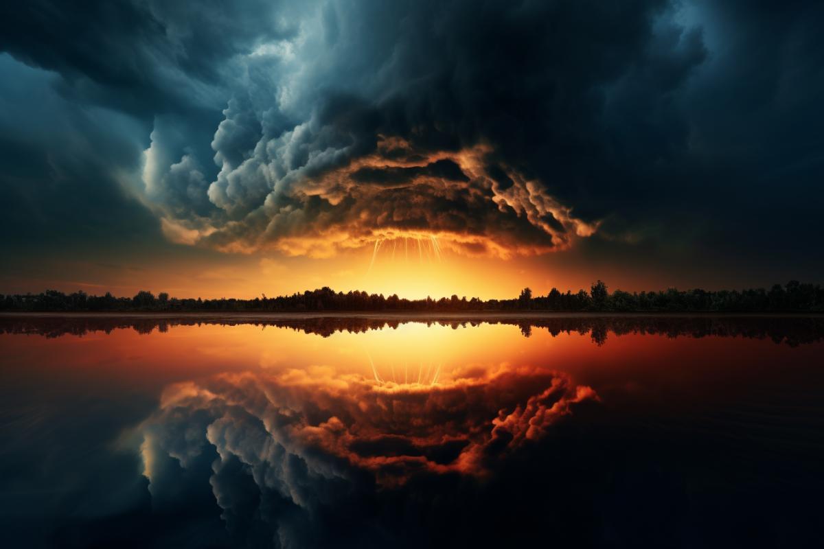 Thunderstorm in the reflection of the eye, image purity, image depth, high image quality, breathtaking beauty, wide format, wide color palette.
