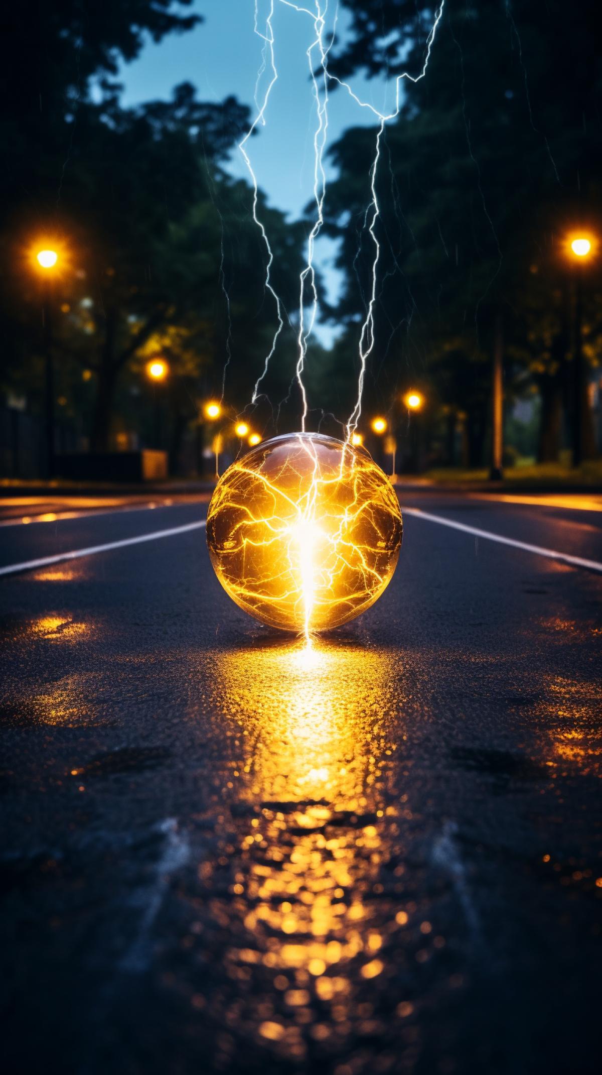 ball lightning on the street, purity of photography, depth of photography, high quality photography, breathtaking beauty, high resolution, wide format, wide color palette.