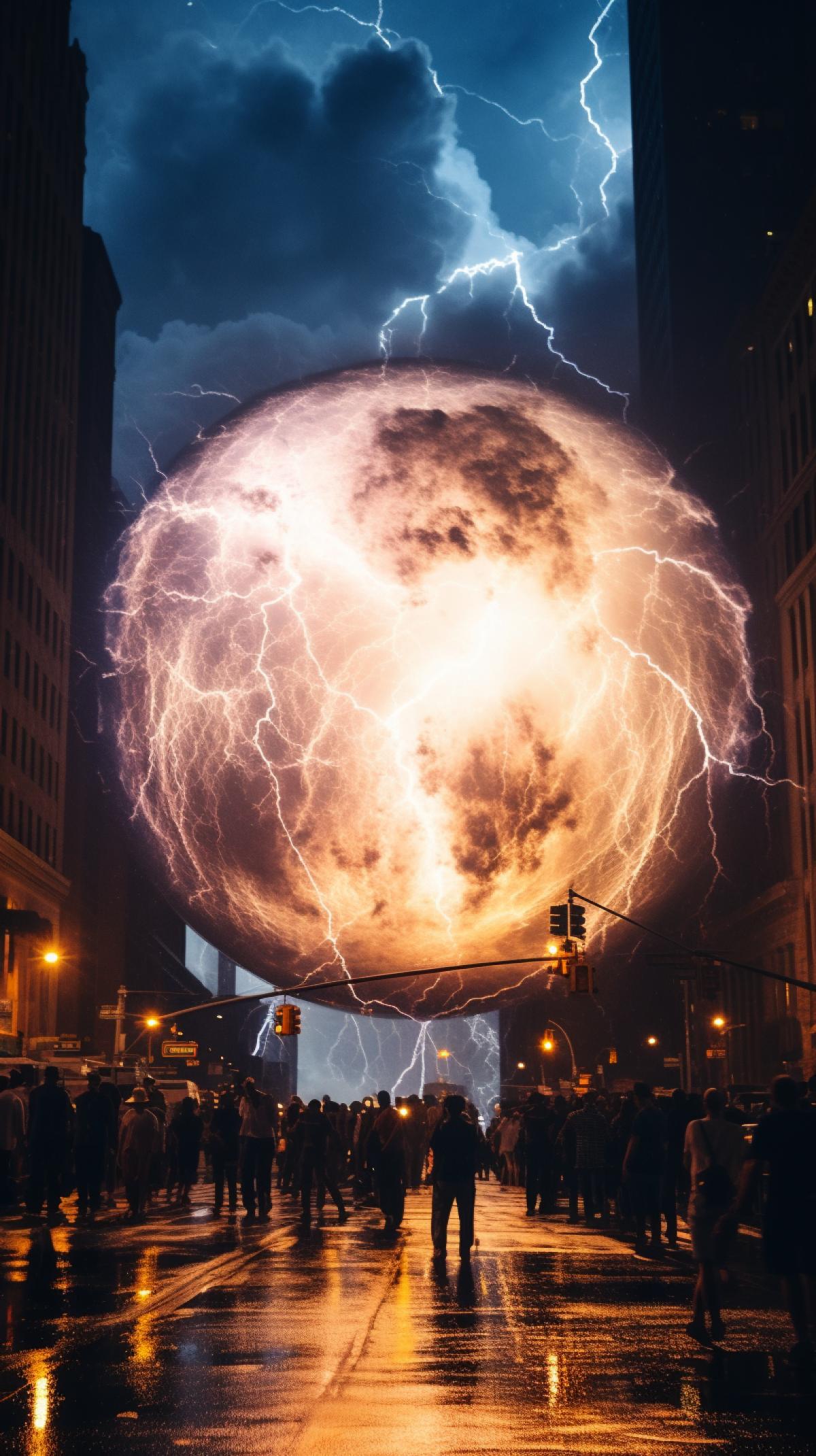 Huge ball lightning on the street of New York, purity of photography, depth of photography, high quality photography, breathtaking beauty, high resolution, wide format, wide color palette.
