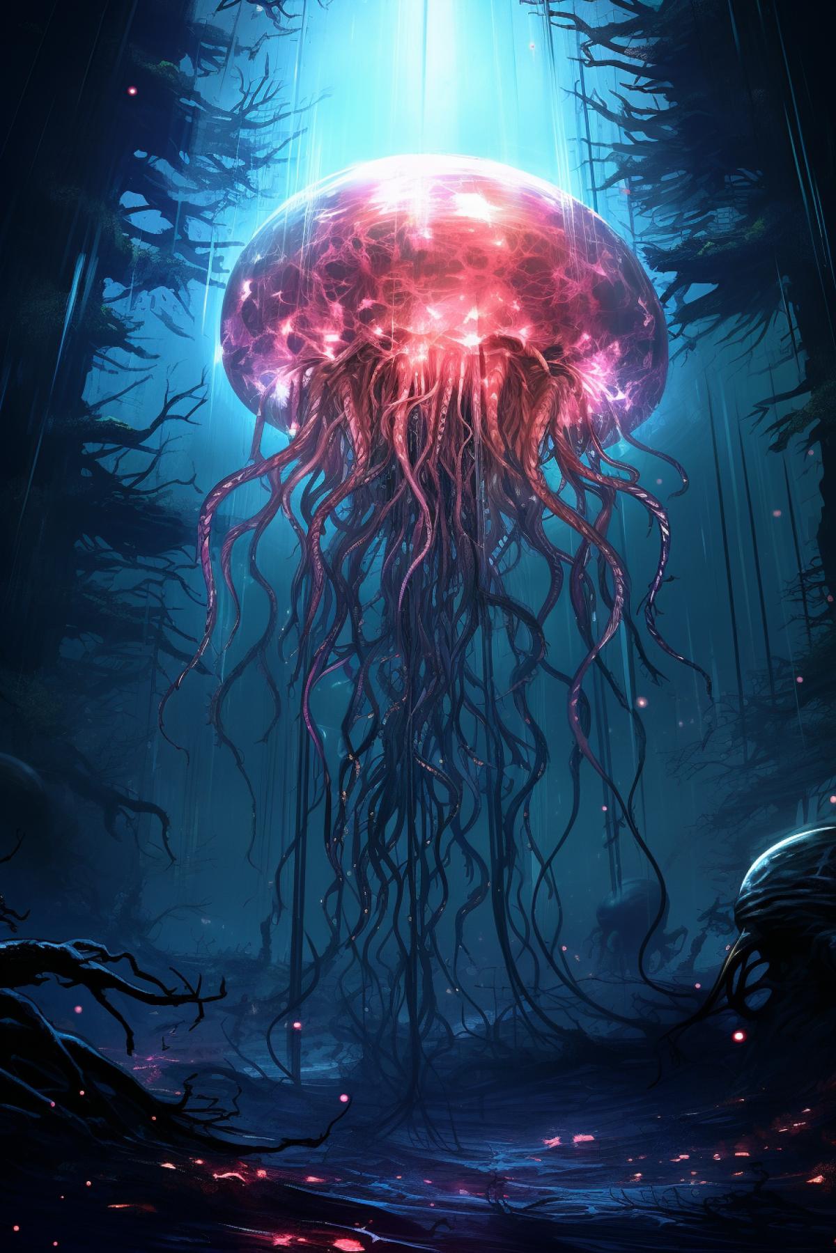 a massive lions mane jellyfish with dead people tangled up in its stingers. bioluminescent, horror, beautiful, sci-fi