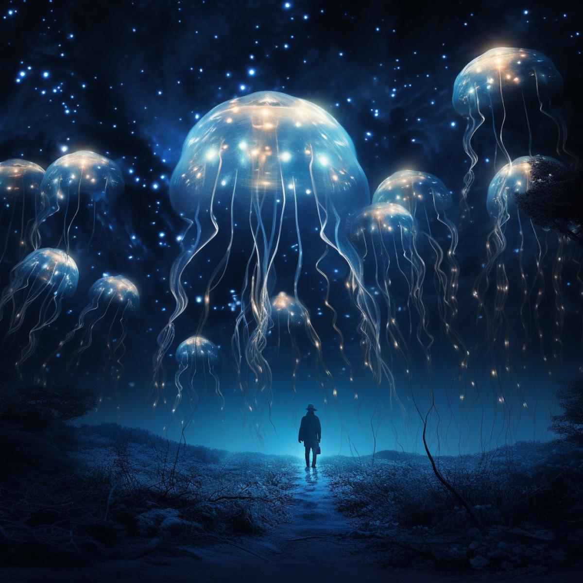 Imagine jellyfish, starry sky, dark blue, glowing