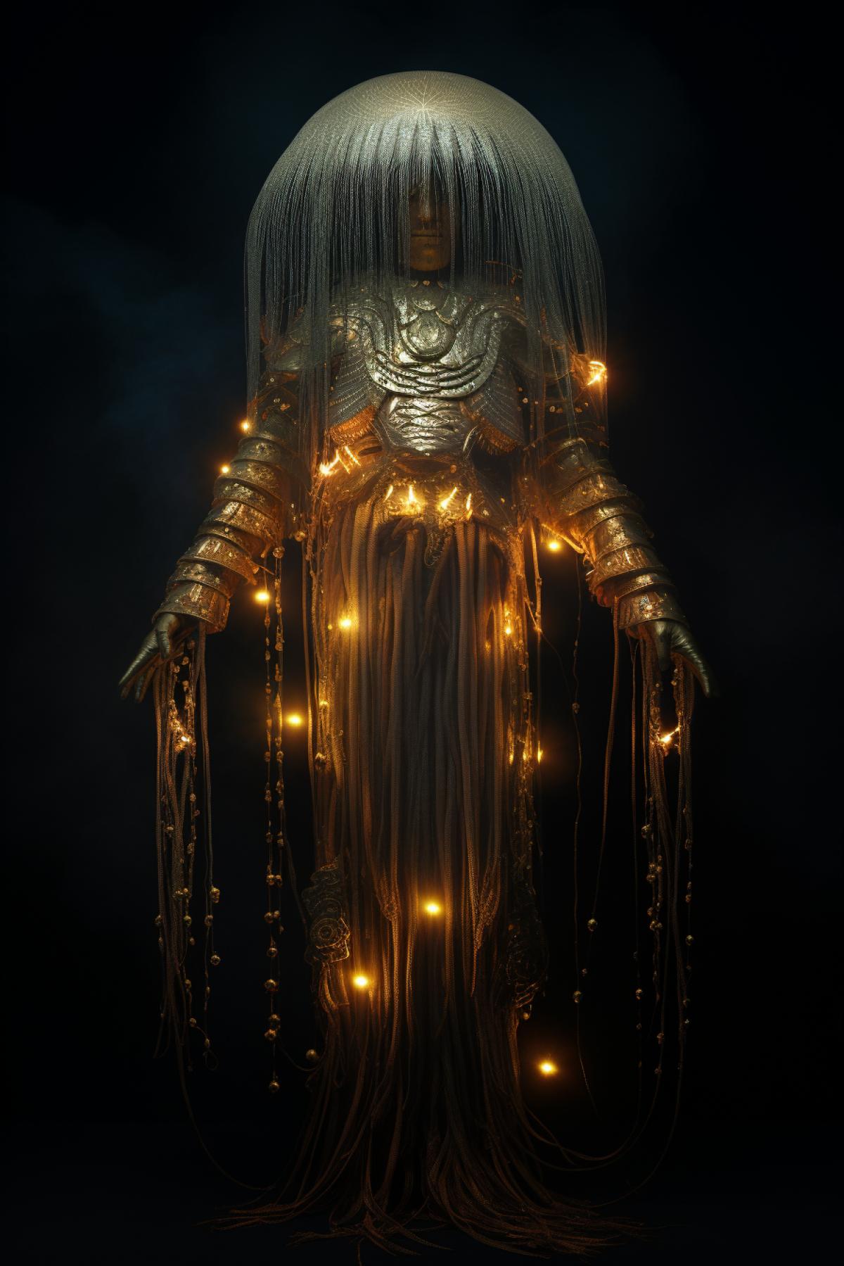 full body view of vantadark portrait of a jellyfish dancing in eternal space, with shine gold eyes, chaos, sequins , captured with a Hasselblad camera, uplight