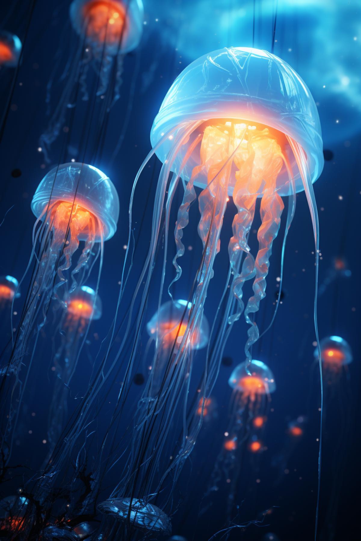 hd wallpaper, glowing azure jellyfish frozen surface of the lake, top view photography in the style of cinematic poster and high clarity, in the style of game of thrones, unpleasant, horror, terrifying look, uhd, 8k resolution, balanced, high dynamic range color, strong highlight :: rain of glowing orange strings, com4k and balance