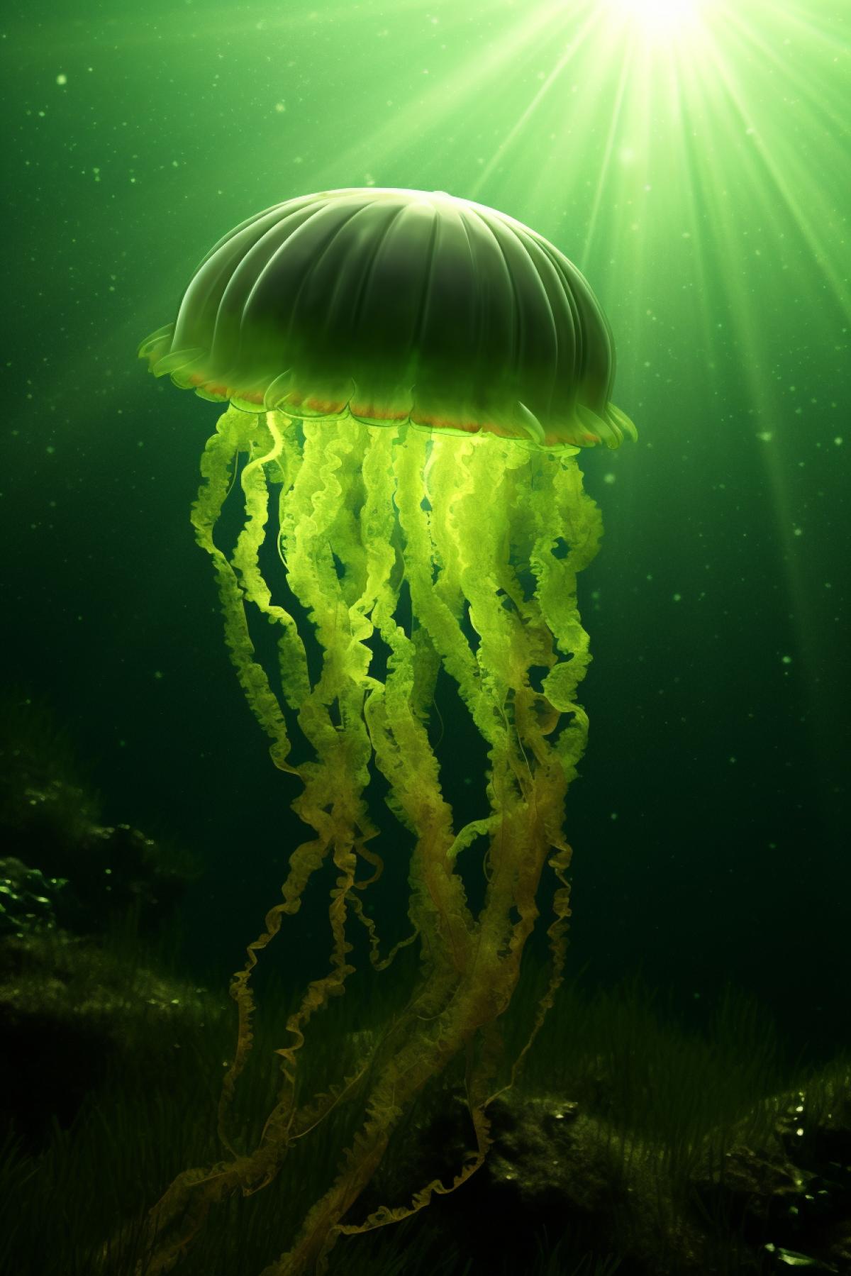 A fabulous jellyfish, the glow of gems, in the depths of green waters