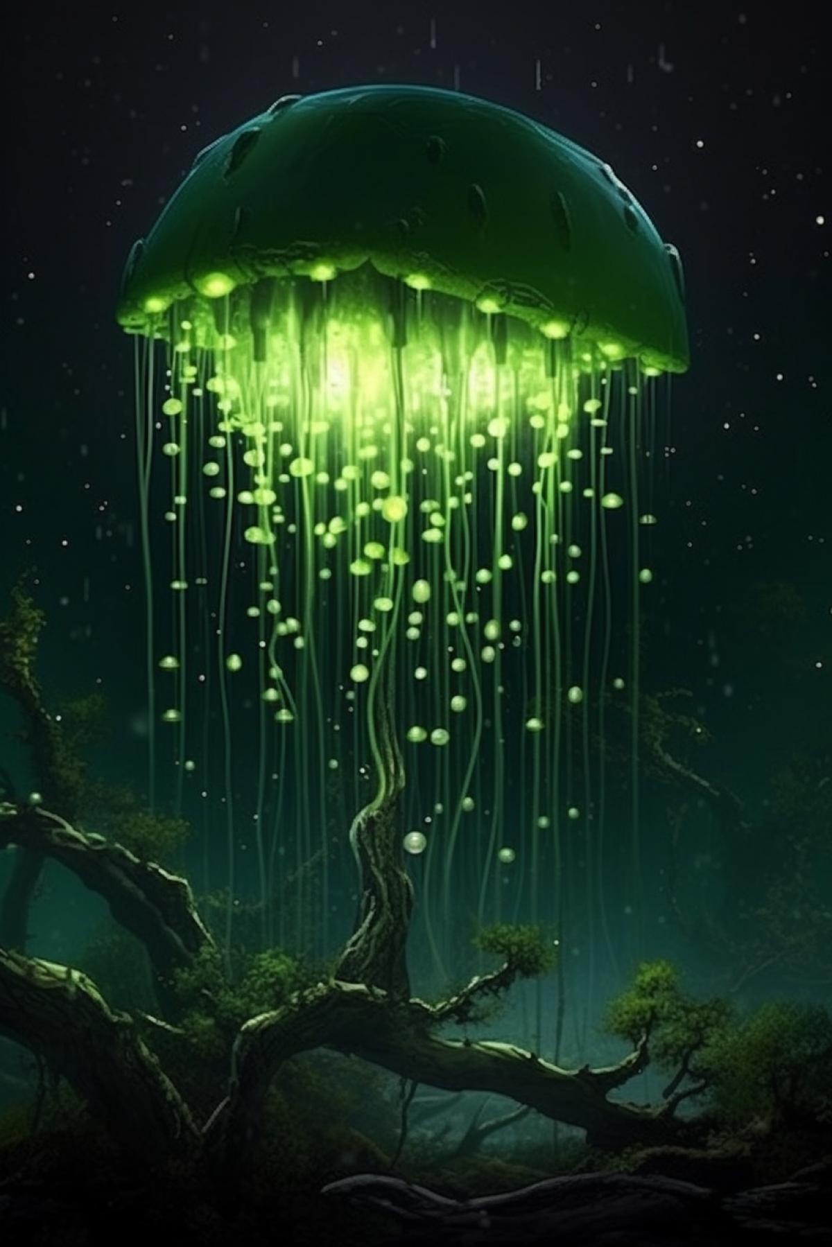 A fabulous jellyfish, the glow of gems, in the depths of green waters
