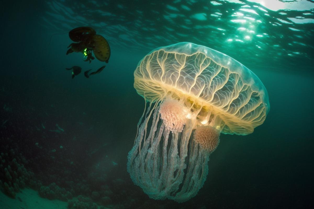 Beautiful poisonous large jellyfish, openwork, contrasting underwater world