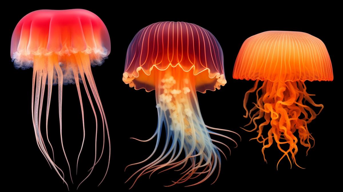 Collection of fabulously beautiful jellyfish underwater