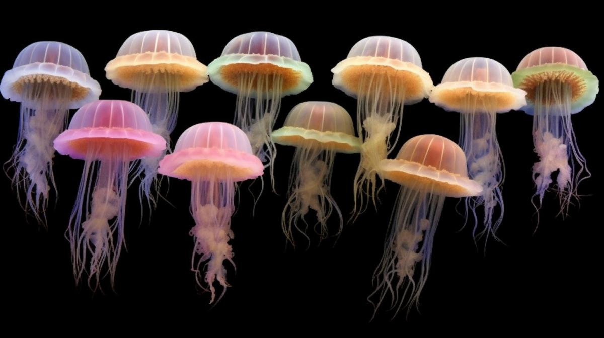 Collection of fabulously beautiful jellyfish underwater