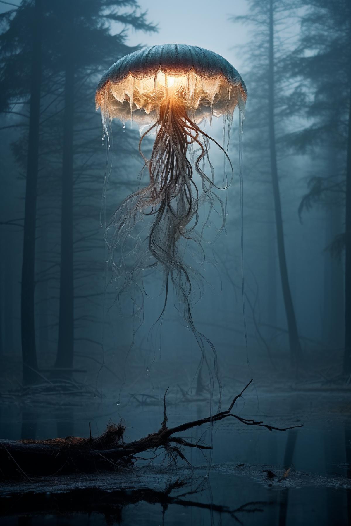 A ghostly yet mesmerizing image of a jellyfish from 1900, fog, mist, swamp silent, beauty