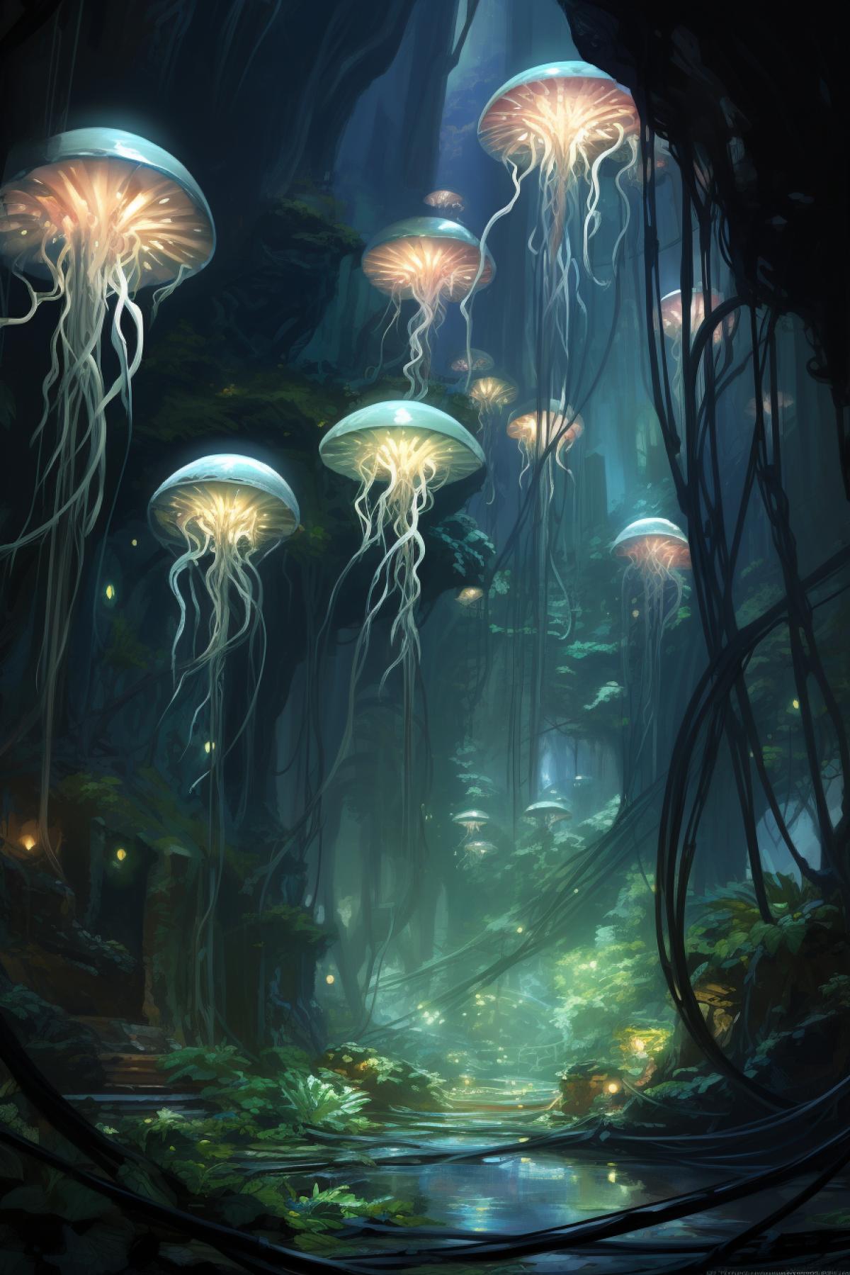 Pandora [avatar movie] flora by chromattix, avatar movie night scene, dense biolumiscent alien vegetation, loose brushstrokes, oil on canvas, hyperdetailed, jellyfish plants, asher brown durand, renato mucillo
