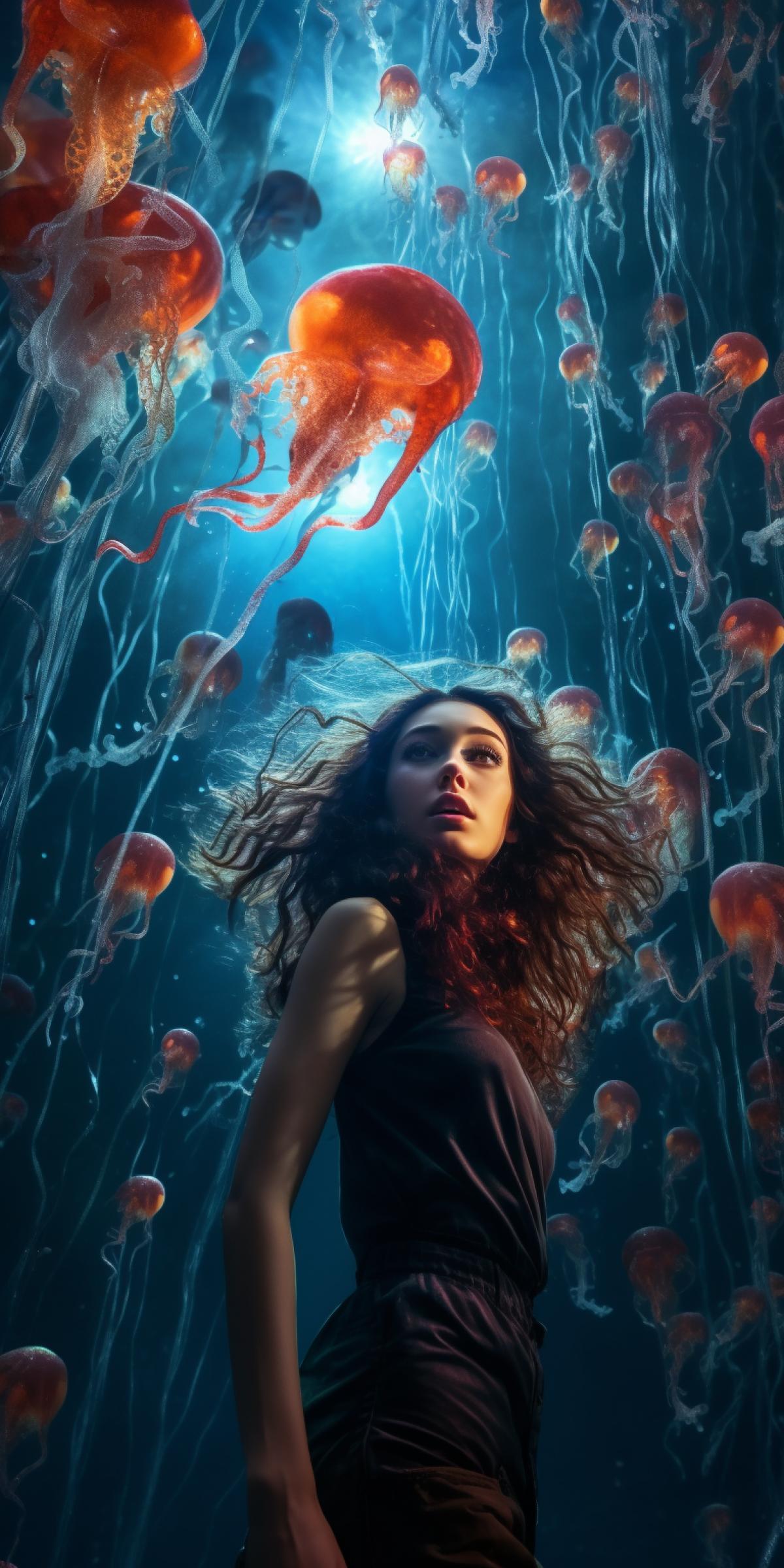 A very beautiful girl underwater surrounded by many jellyfish, background of various jellyfish and air bubbles in the water