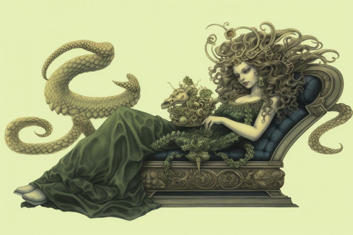 Medusa lies on a chaise longue and drinks arockettail illustration