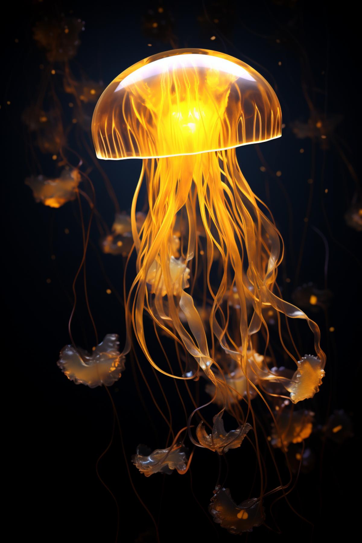 photo of gold jellyfish in the dark with yellow lights, in the style of uhd image, dark yellow and amber, reefwave, lovecraftian, chromatic purity, ue5, kimoicore