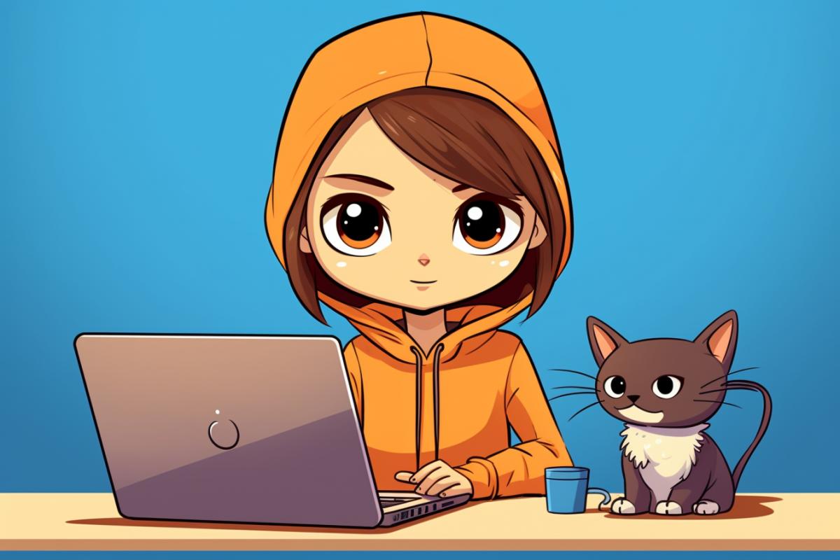 Designer girl, brown eyes, brown hair, the girl is wearing an orange piece of iron, working at a laptop, a bald cat sitting on the table, blue background, cartoon style