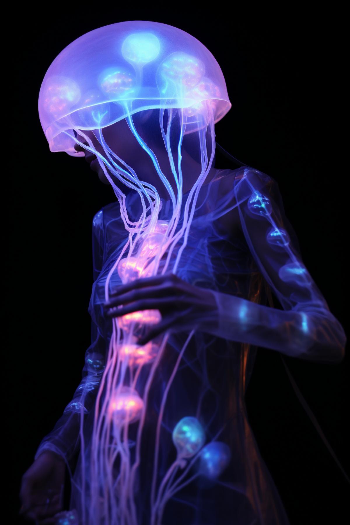 woman body consists of Jellyfish, bioluminescence, iridescent