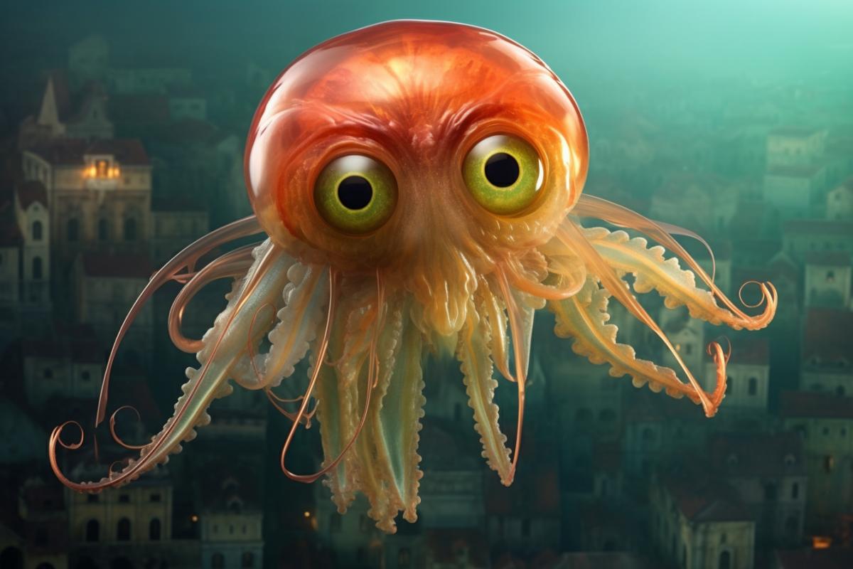 A skinny jellyfish with big eyes and cat ears floats above the city, Oil painting in the style of Leonardo da Vinci,renaissance style illustration, sitting, wearing a maids dress, hyper-detailed, red-shift rendering, octane rendering