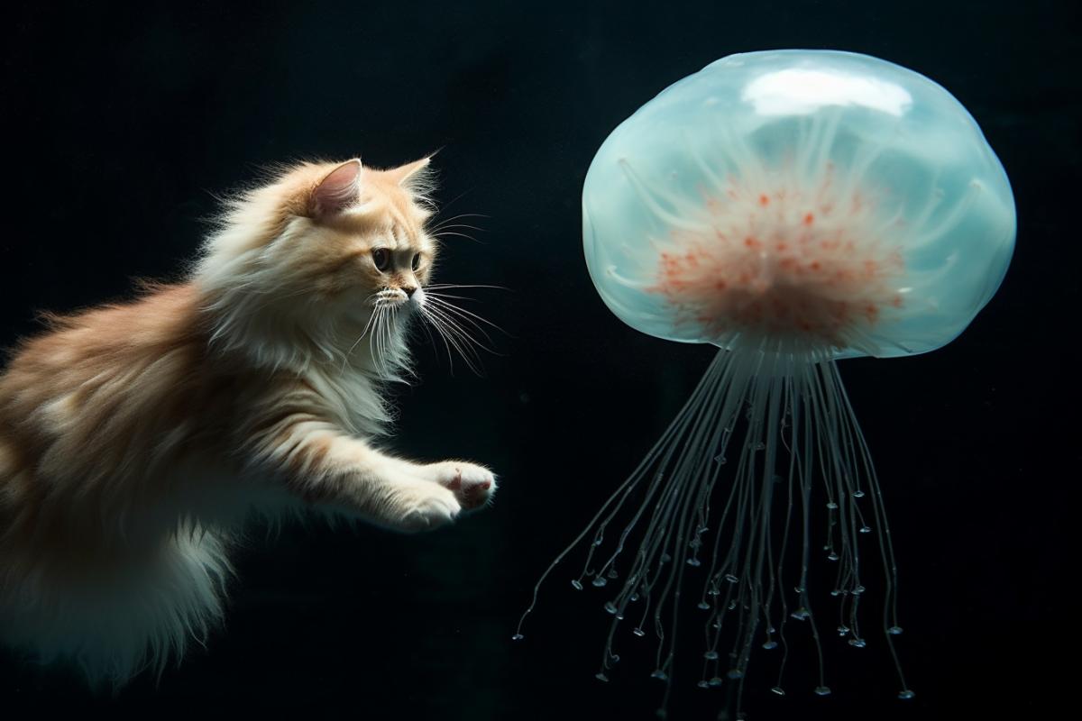 A cat catches a cheerful jellyfish from an aquarium