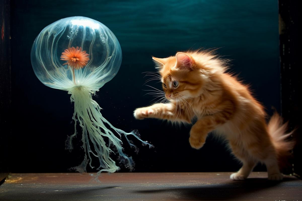 A cat catches a cheerful jellyfish from an aquarium