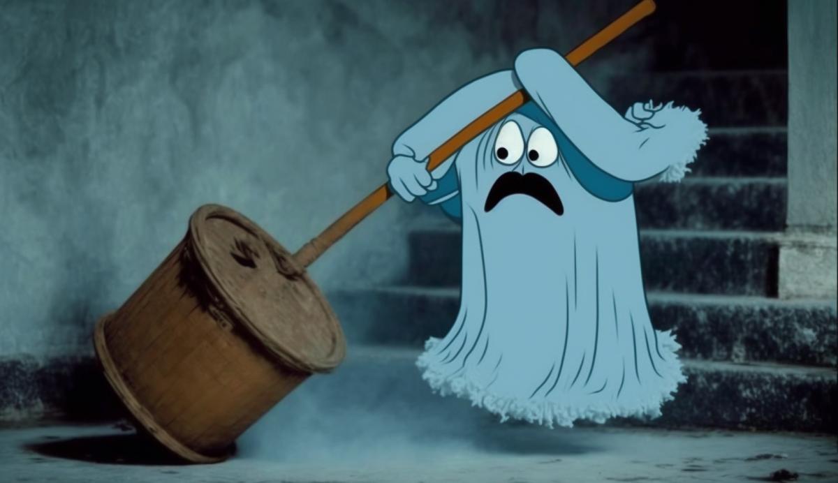 Carlson, a ghost, flies on a mop with a bucket on his head.