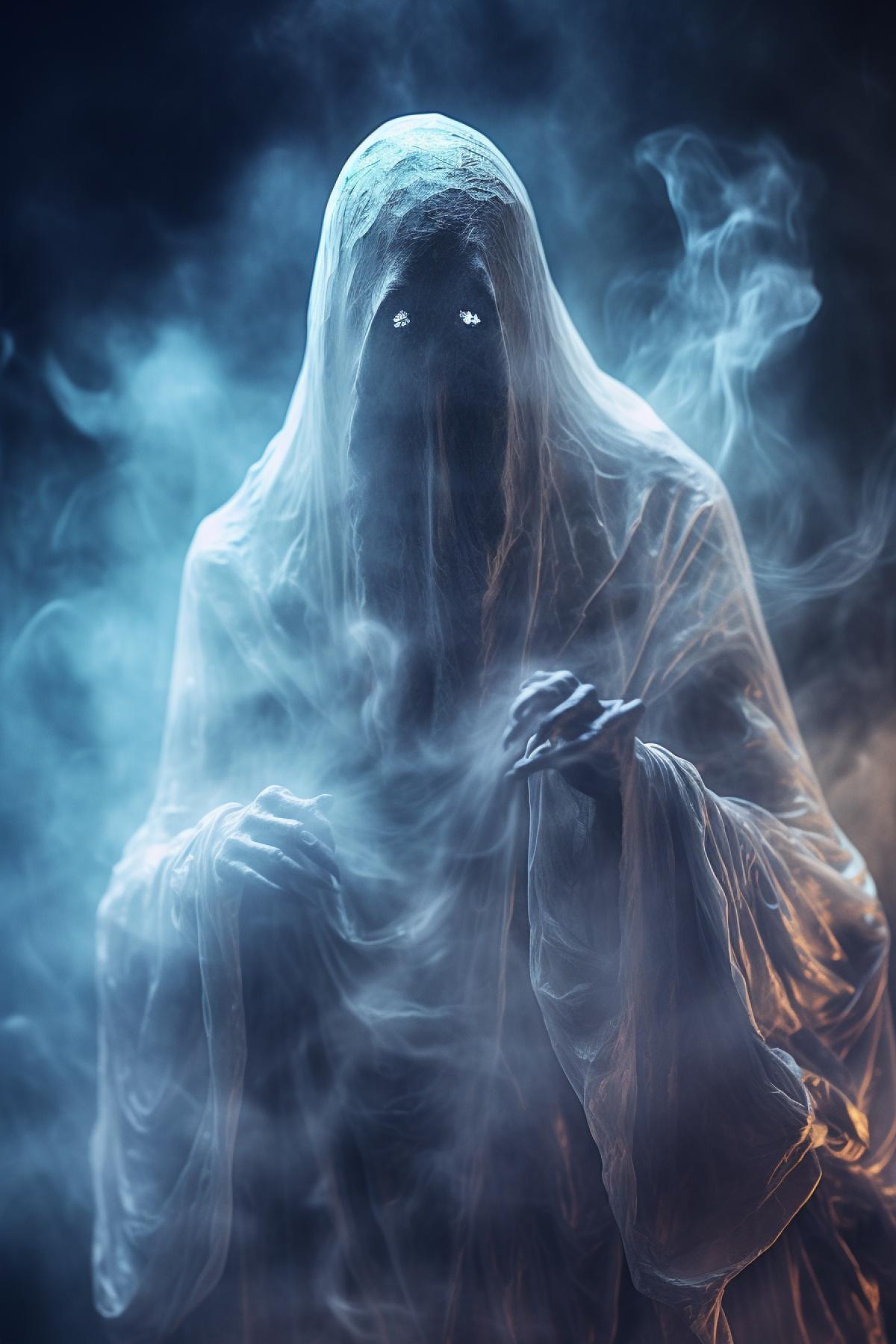 macro shot of a ghost, impressive, surreal, cinematic lighting, cinematic photoshot, extremely detailed and complex, VFX volume fog around, nighttime, super max, surreal, super detailed, high contrast, Rtx on, Hdr, photography, realistic, dof on, fov on, motion blur, lens flares on, 50mm Prime f/1.8, White balance, Super resolution, Megapixel, ProPhoto RGB, VR, high, epic, Rear half lighting, Lights background, natural lighting, incandescent light, fiber optic, mood lighting, cinema lighting, studio lighting, soft illumination, volumetric, contrast, dark lighting, accent lighting, projection global illumination, Screen space global illumination, Ray tracing global illumination, Red fringing light, 45% cold color grading, Optics, Scattering, Glow, Shadows, hyperrealism, Caustic water, refraction water, exquisite detail, intric ately-detailed, ultra-detailed photography, high-sharpness, high reflection, award-winning photograph