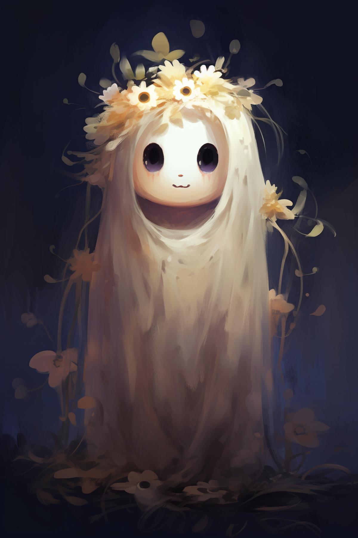 ghost with a flower crown, cute, cartoon, painting, soft lighting