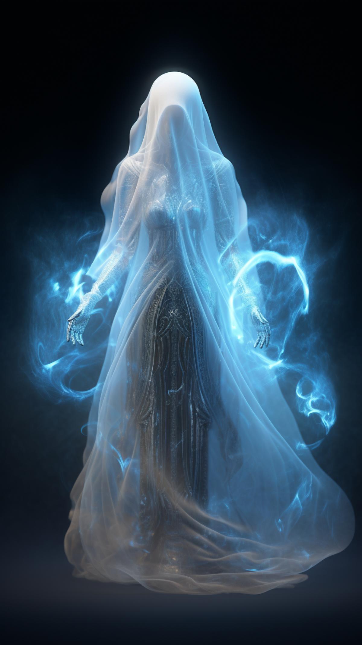 transparent glowing female ghost with swirling robes and hair, ethereal, fairy lights, intricate detail, volumetric lighting, HD