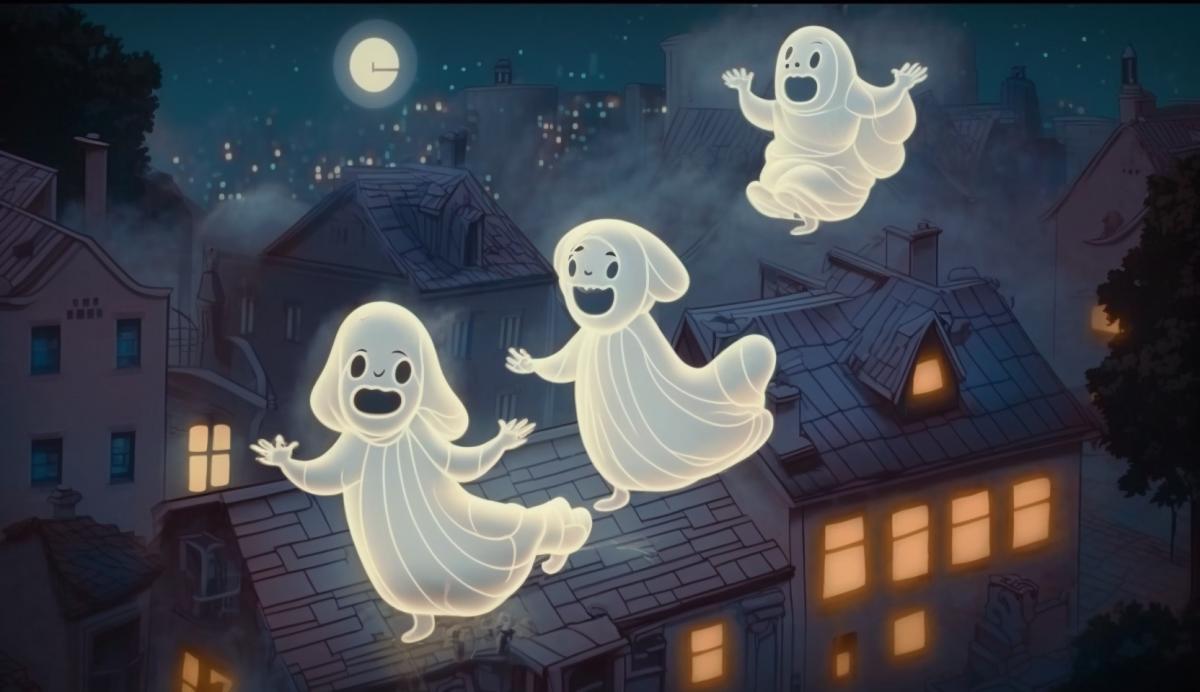 Three cheerful little ghosts are flying around the city