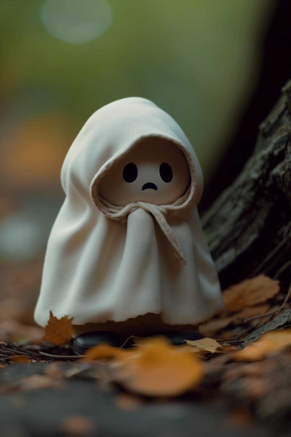 a very cute ghost with empty absolutely dark eyes, in a white cloak with a hood, pixar style, standing on the edge of an autumn forest, leaning on a tree trunk, looking into the distance, atmospheric, aesthetic, beautiful, realistic, 4k, high resolution, cozy, aesthetic, beautiful, realistic, high resolution, high detail, 30mm lens, 1/250s, f/2.8, ISO 100, dim lighting