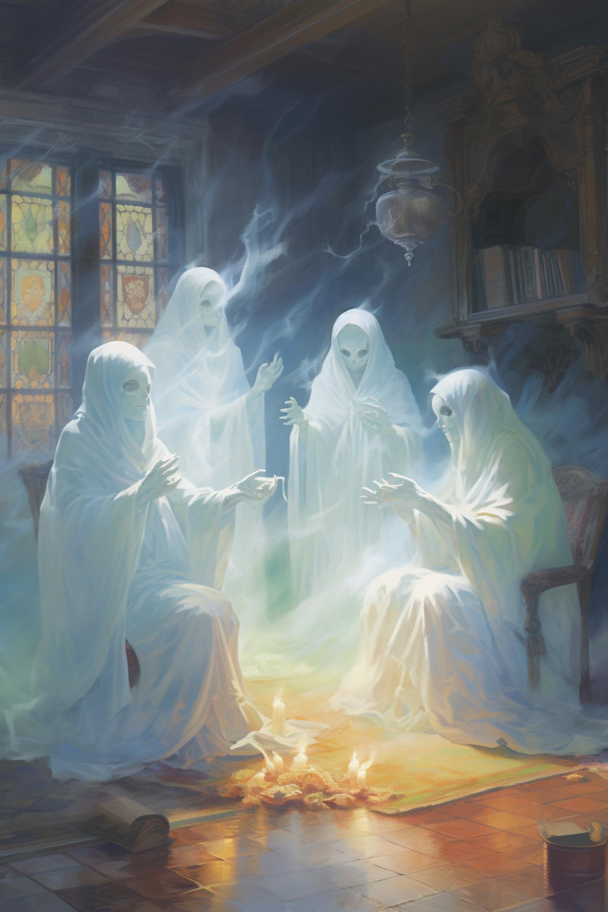glowing diaphanous ghost men discussing the weather while waiting for a routine exorcism in a witchs hut room interior, storybook illustration by akihiko yoshida and thomas kinkade and beatrix potter