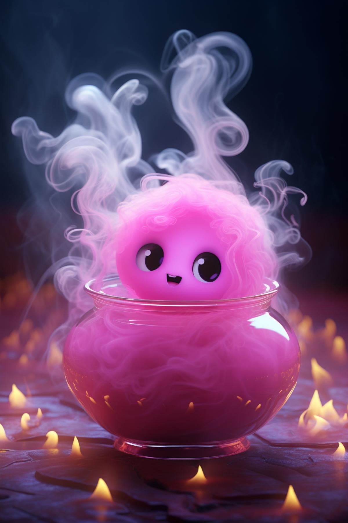 cute ghost in a gas potion, pink magenta, smoke, dark fantasy, photorealistic, 8k, octane render,