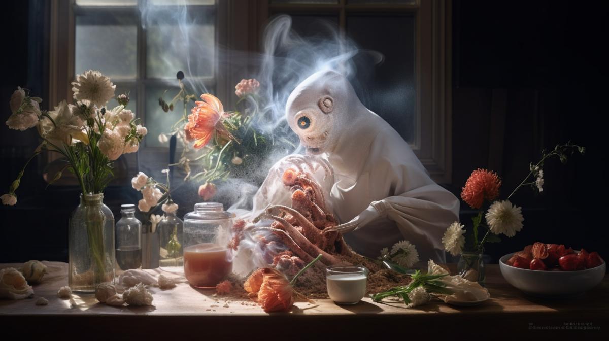 Transparent ghost chef. Cooking seafood. Flowers on the table