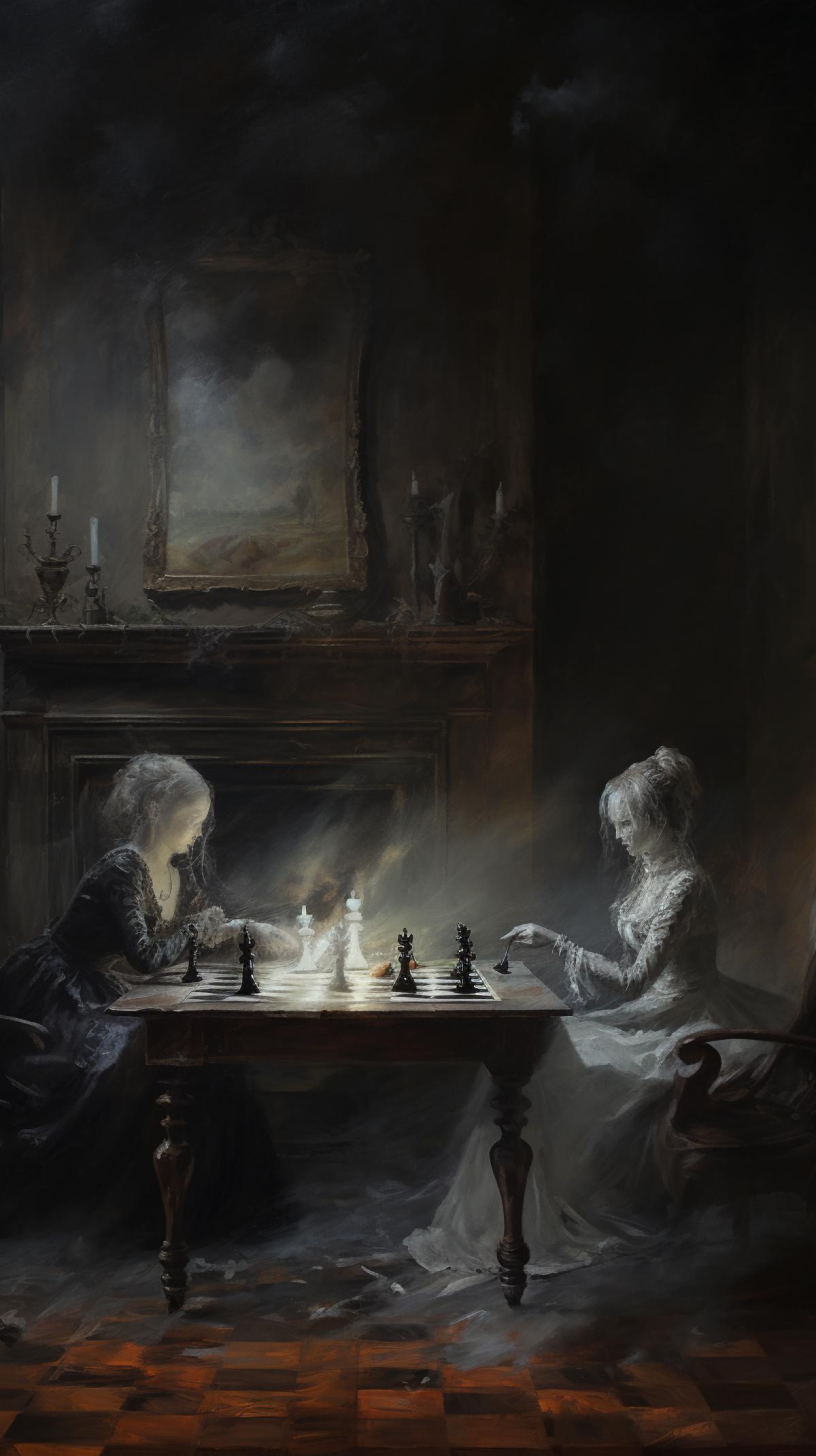 Ghosts play chess in a gloomy living room against the backdrop of an antique fireplace, from the painting above the fireplace a ghost of a woman is watching, photorealism